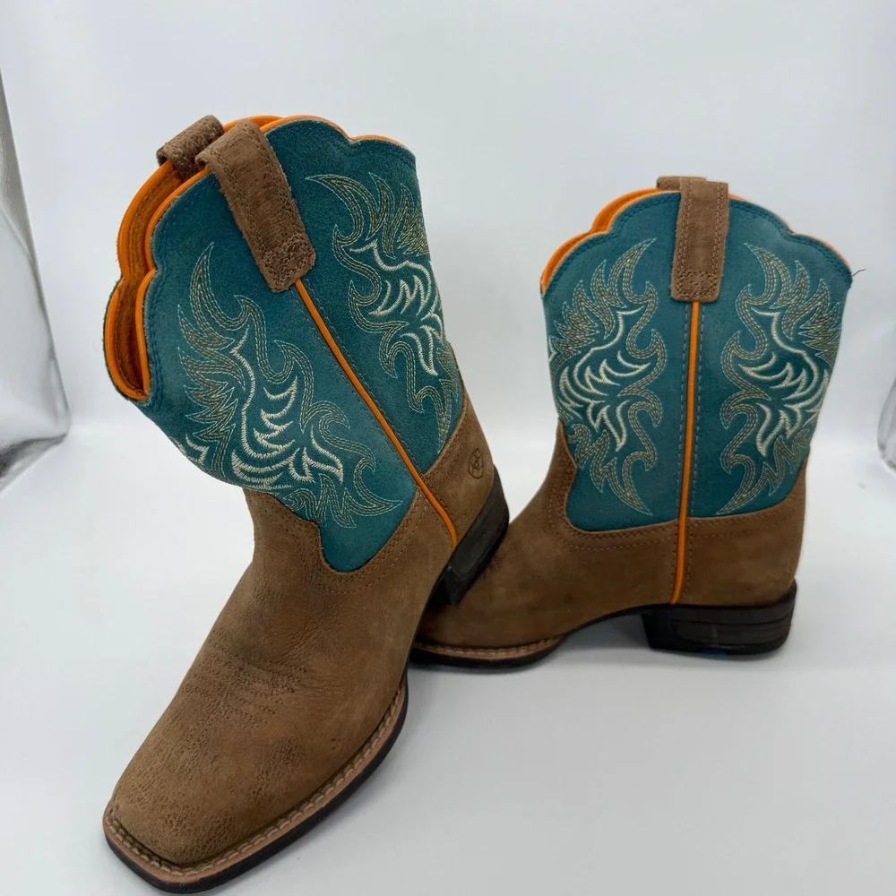 Ariat Western Boots Kids Size 1 Brown Teal 10053621 Square Toe Leather Cowboy